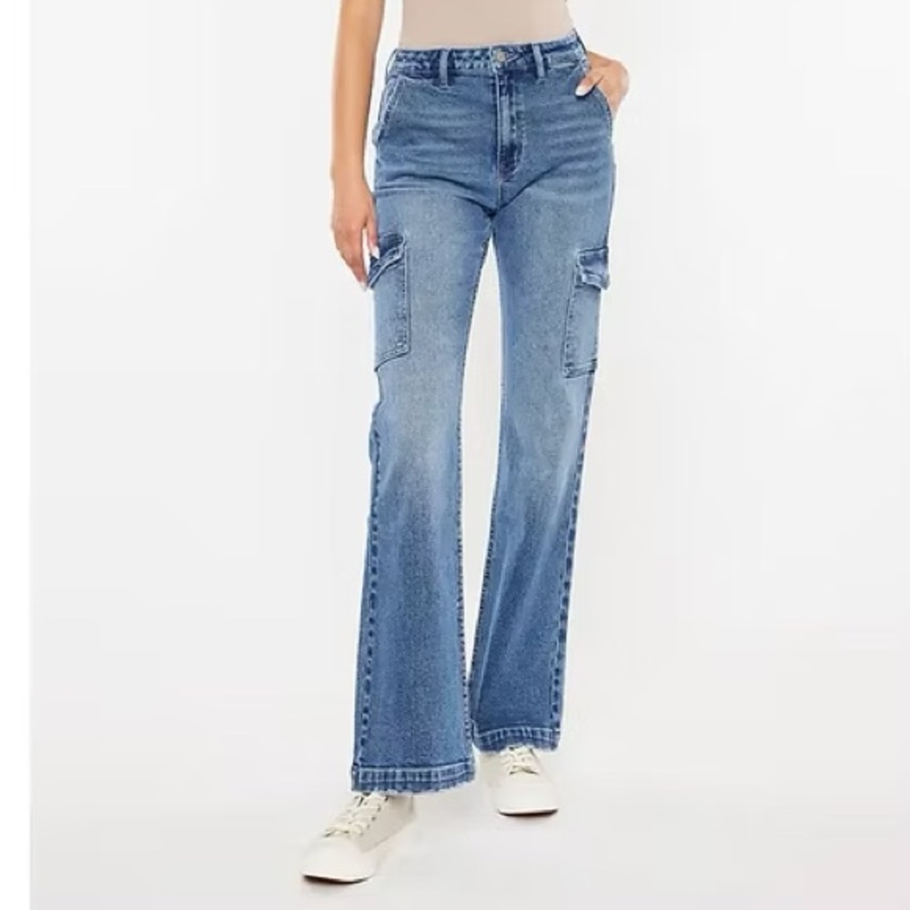 Kancan Los Angeles Wide Leg Blue Cargo Jeans | High Rise | Utility Style